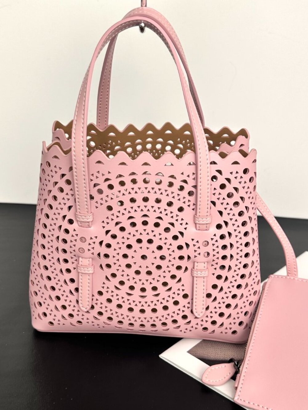 ALAÏA Scalloped Laser-Cut Mini Tote in Pink with Matching Pouch